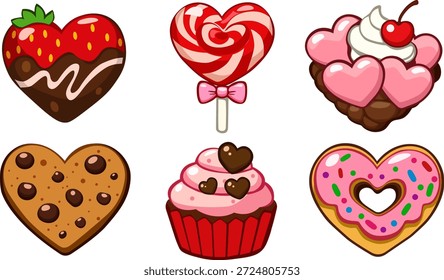 Conjunto de postres y dulces en forma de corazón que incluyen pasteles, cupcakes y dulces. Linda ilustración para el amor y temas de San Valentín.