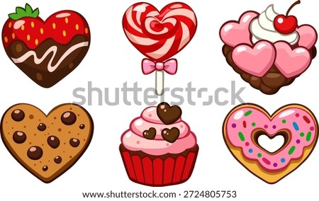Set of heart-shaped desserts and sweets including cakes, cupcakes and candies. Cute illustration for love and Valentine themes.