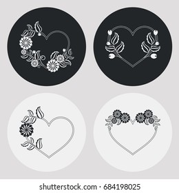 Set of heart-shaped frames with floral silhouettes. Copy space. Vector clip art.