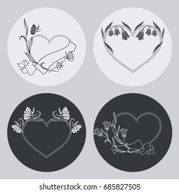Set of heart-shaped frames with floral silhouettes, with copy space. Vector clip art.