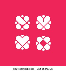 Set of heart-shaped logos on a red background
