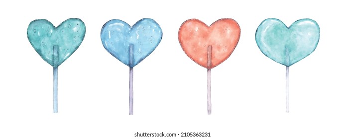 Conjunto de lollipop en forma de corazón adorable con acuarela brillante pintada a mano sobre fondo blanco. Elemento perfecto para decorar San Valentín, tarjetas de felicitación, postre.