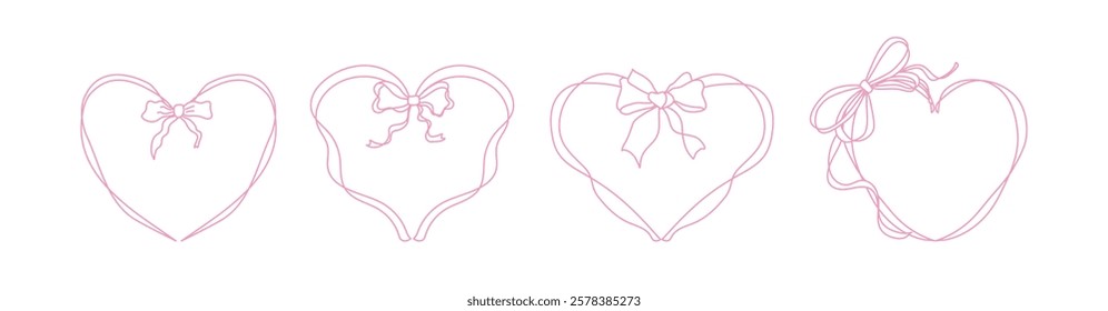 Set of heart-shaped pink frames with bows and ribbons. Hand-drawn coquette borders in minimalist line art. Perfect for wedding invitations, birthday cards, posters, menus, and party decorations.