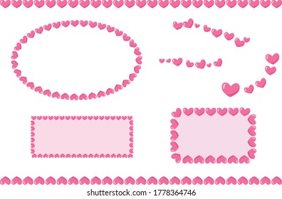 Set of heart-shaped pink frames. Vector illustration isolated on white background.