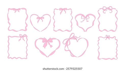 A set of heart-shaped and rectangular pink frames with delicate bows and ribbons. These hand-drawn coquette-style borders in minimalist line art are perfect for invitations, cards, posters, menus