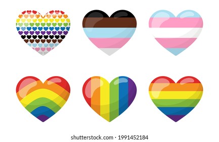 A set of heart-shaped stickers in LGBT rainbow colors. The transgender flag. Vertical and horizontal stripes. Vector illustration isolated on a white background