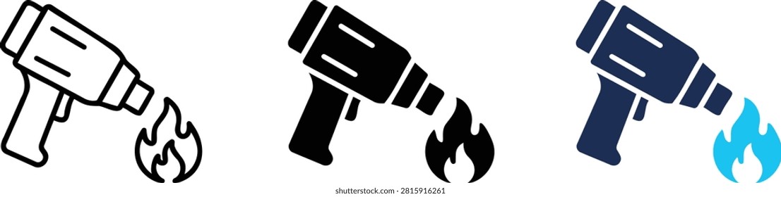 Set of heat gun icons with fire flame symbols