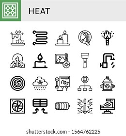 Set of heat icons. Such as Stove, Candle, Towel rail, Candles, Global warming, Torch, Wildfire, Brightness, Hot water, Atmosphere, Rain, Heater, Flow, Fire hydrant , heat icons