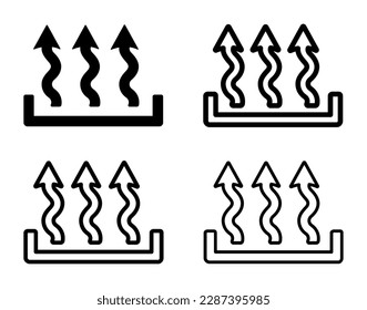 Set of heat icons. Wavy up arrows symbols, steam moving up. Heat wave of steam, heat arrows, superheated steam, hot air flow, arrows up. Vector.