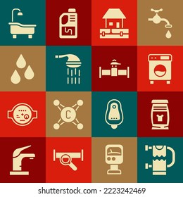 Set Heated towel rail, Laundry detergent, Washer, Water supply pipes, Shower, drop, Bathtub and Industry and valve icon. Vector