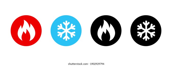 Set of heating and cooling icons. Hot and cold icon. Fire and snowflake sign. Heating and cooling button. Vector EPS 10. Isolated on white background