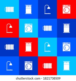 Set Heating radiator, Big bed, Table lamp and Washer icon. Vector.