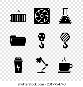 Set Heating radiator, Computer cooler, Test tube and flask, Fitness shaker, Table lamp and Coffee cup icon. Vector
