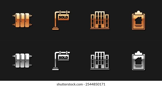 Set Heating radiator, Hanging sign with Sold, House and contract icon. Vector
