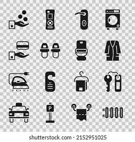 Set Heating Radiator, Hotel Door Lock Key, Bathrobe, Door Handle, Slippers, Digital, Paying Tips And Toilet Bowl Icon. Vector