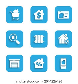 Set Heating radiator, House with percant discount, Online real estate house, under protection, Garage, Search,  and Shopping cart icon. Vector