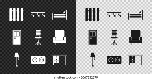 Set Heating radiator, Led track lights and lamps, Bed, Floor, Electrical outlet, Office desk, Closed door and chair icon. Vector