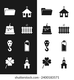 Set Heating radiator, Pudding custard, Folder, Church building, Industrial hook and Sport bottle with water icon. Vector