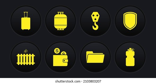 Set Heating radiator, Shield, Wallet with coin, Folder, Industrial hook and Propane gas tank icon. Vector