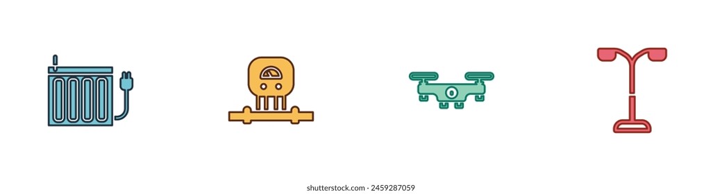 Set Heating radiator, Smart sensor, Drone flying and Street light icon. Vector
