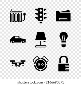 Set Heating radiator, Traffic light, Printer, Drone flying, Robot vacuum cleaner, Safe combination lock, Car and Table lamp icon. Vector