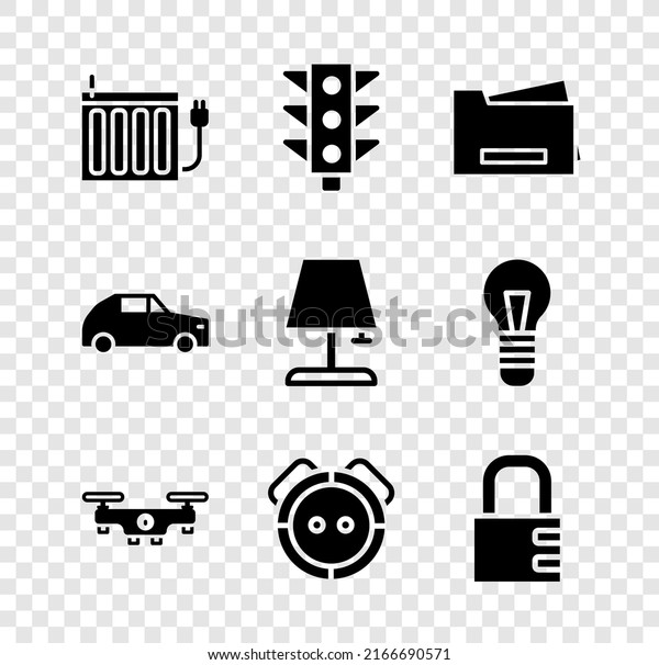 Set Heating radiator, Traffic light, Printer,\
Drone flying, Robot vacuum cleaner, Safe combination lock, Car and\
Table lamp icon. Vector
