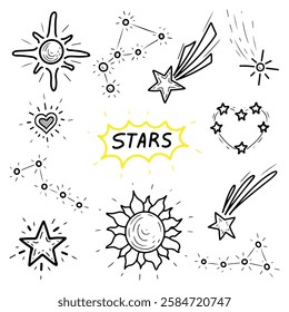 Set of heavenly stars. Hand drawn doodle. Constellation. Bright sun. Celestial body. Astronomy, astrology. Flying comet. Vector line art illustration.