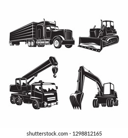 Set of heavy building machines, Excavator and bulldozer, truck and auto crane, monochrome  icons of machines isolated on white background, vector