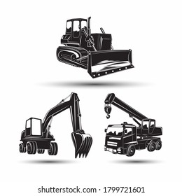 Set of heavy building machines, Excavator and bulldozer and auto crane, monochrome  icons of machines isolated on white background, vector
