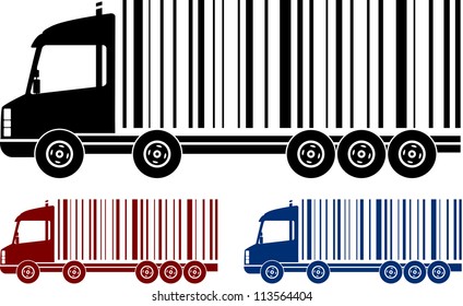 set of heavy colorful shipping trucks with bar code