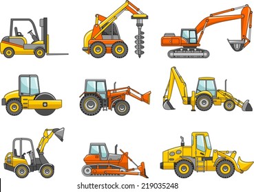 Set of heavy construction machines icons. Vector illustration. Silhouette illustration of heavy equipment and machinery.