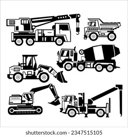 Set of heavy construction machines icons. Vector illustration. Silhouette illustration of heavy equipment and machinery