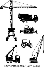 Set of heavy construction machines icons. Vector illustration. Silhouette illustration of heavy equipment and machinery