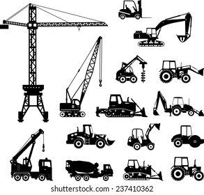 Set of heavy construction machines icons. Vector illustration. Silhouette illustration of heavy equipment and machinery