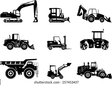 Set of heavy construction machines icons. Vector illustration. Silhouette illustration of heavy equipment and machinery.