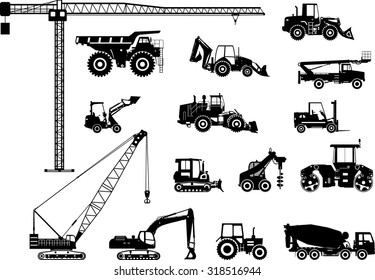 Set of heavy construction machines icons. Vector illustration. Silhouette illustration of heavy equipment and machinery.