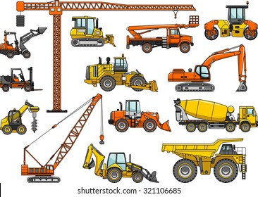 Set of heavy construction machines icons. Vector illustration. Silhouette illustration of heavy equipment and machinery.