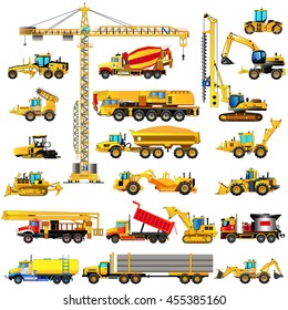 Set of heavy construction machines, icons, isolated on white. Color vector illustration of heavy equipment and machinery. Icons, flat style