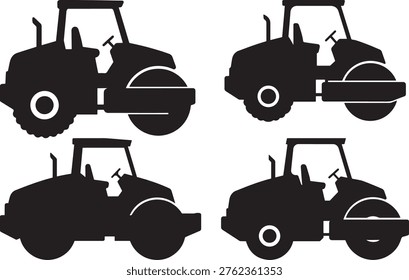 Set of heavy construction machines, road rollers, compactors, black silhouettes