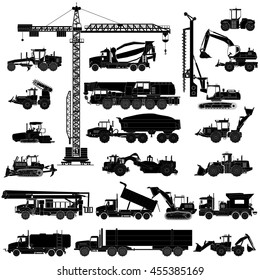 Set of heavy construction machines silhouettes, icons, isolated on white. Vector illustration of heavy equipment and machinery. Icons, flat style