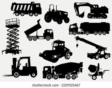 Set Of heavy duty industrial vehicles Silhouettes, Construction Black and white Equipments Illustrations