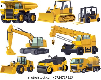Set of heavy equipment construction vehicles icons. Vector illustration of haul truck, bulldozer, forklift, excavator, crane truck, wheel loader, road roller, and cement mixer isolated on white background.