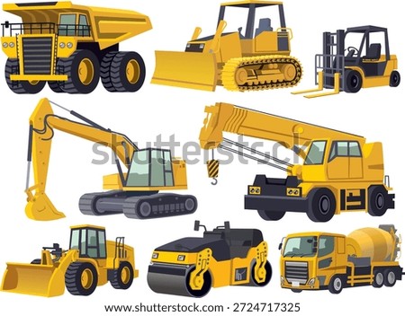 Set of heavy equipment construction vehicles icons. Vector illustration of haul truck, bulldozer, forklift, excavator, crane truck, wheel loader, road roller, and cement mixer isolated on white background.