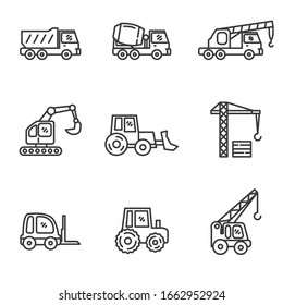 Set of heavy equipment icons in black line design. Heavy equipment vector illustration in black line design isolated on white background 