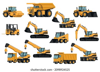 Set of heavy machinery 3d, truck, soil compactor, backhoe, excavator, forklift, front loader, crane, hammer, for construction and mining