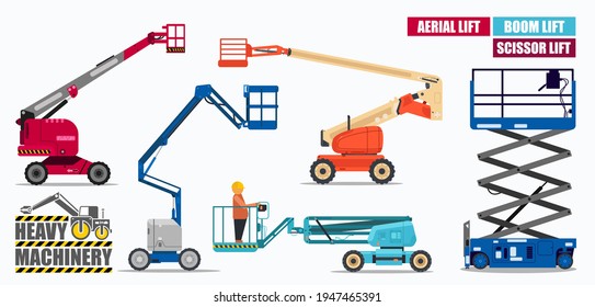 Set Of Heavy Machinery - Aerial Lift. Vector Stock Images.