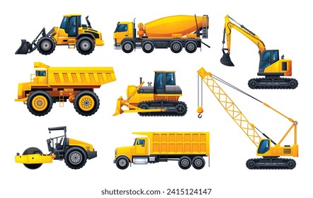 Set of heavy machinery construction vehicles isolated illustration