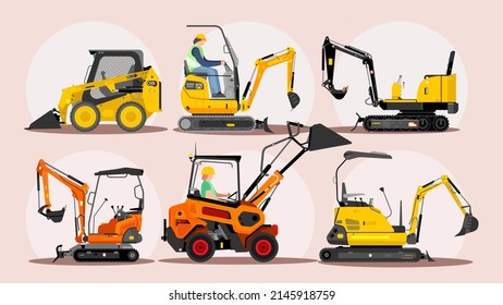 Set of heavy machinery. Flat cartoon image of small excavators and bulldozers. Vector stock images.