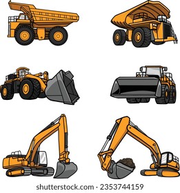 Set of Heavy machinery mining equipment vector illustration. Bulldozer, digger, trucks, excavator  for construction and mining industry vector concept. 