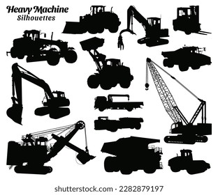 Set of heavy machinery silhouette vector illustrations.